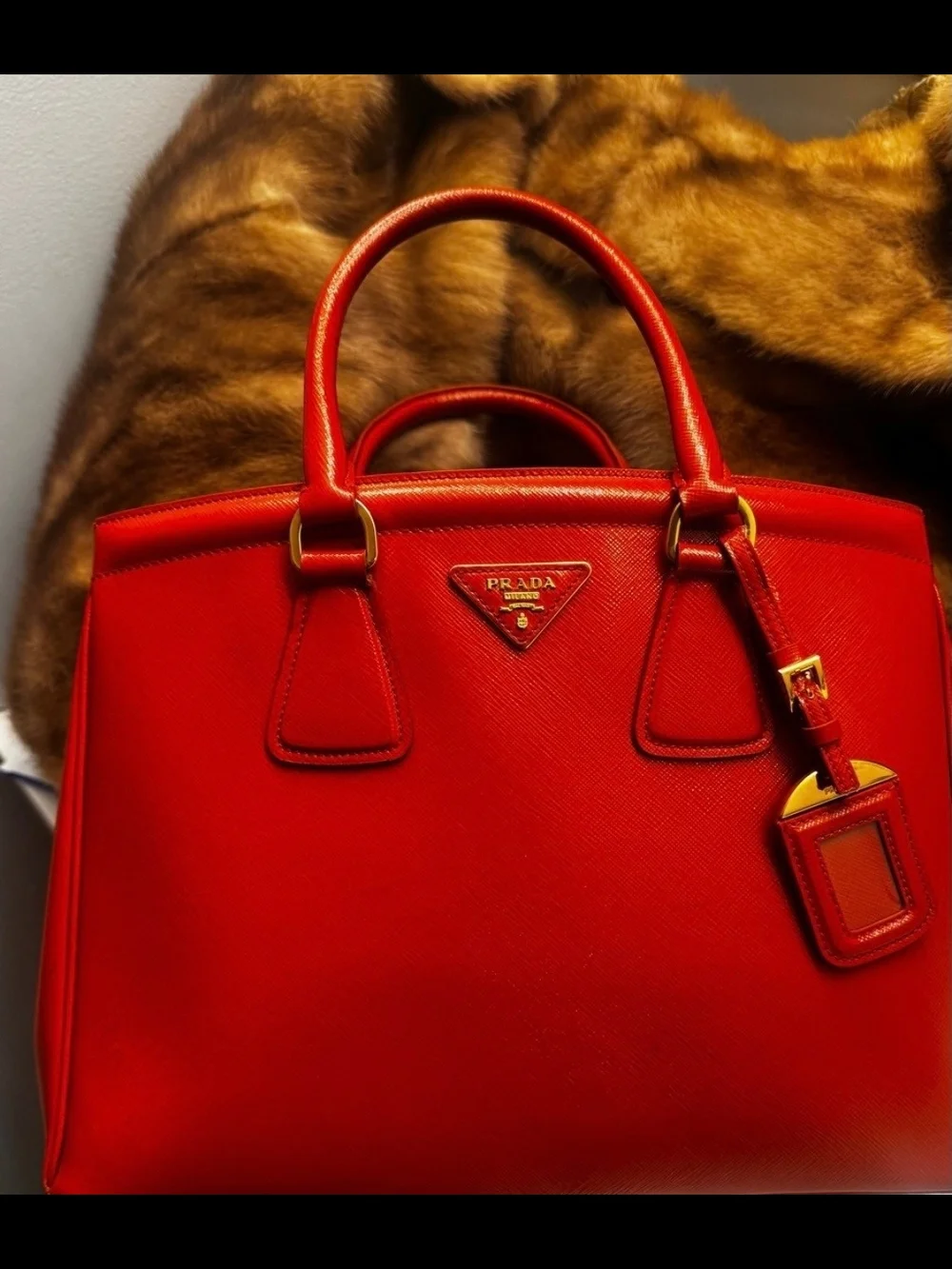 Prada Orange Saffiano Leather Satchel with Gold Hardware